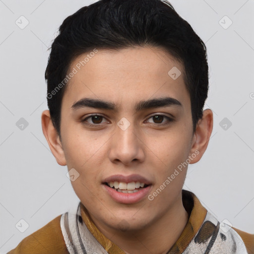 Joyful latino young-adult male with short  brown hair and brown eyes