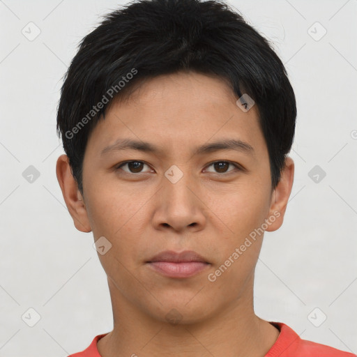 Neutral asian young-adult male with short  black hair and brown eyes