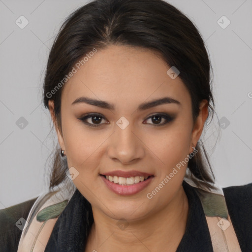 Joyful latino young-adult female with medium  brown hair and brown eyes