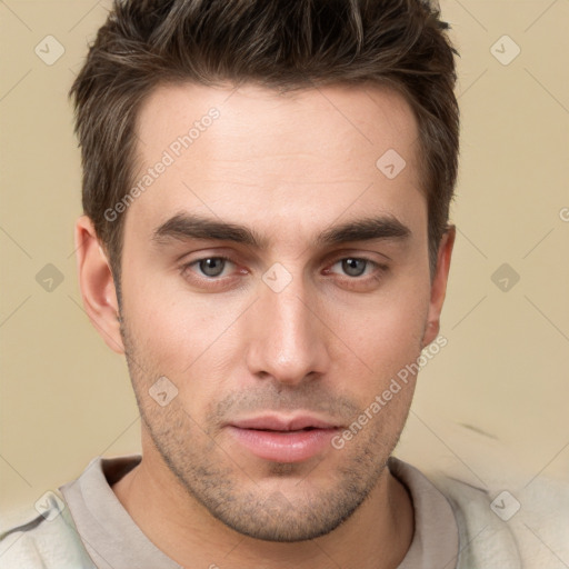 Neutral white young-adult male with short  brown hair and brown eyes