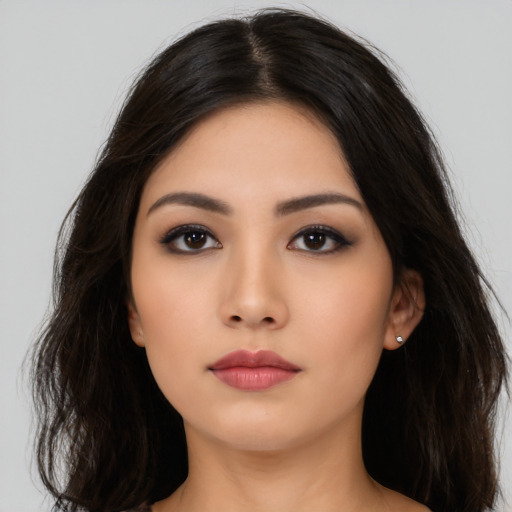 Neutral asian young-adult female with long  black hair and brown eyes
