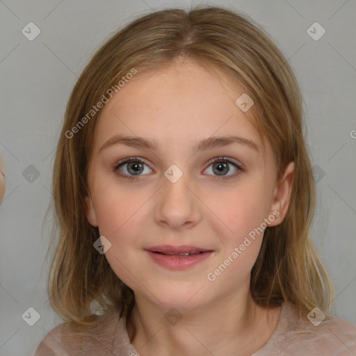 Joyful white child female with medium  brown hair and brown eyes