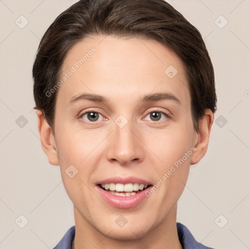 Joyful white young-adult female with short  brown hair and brown eyes