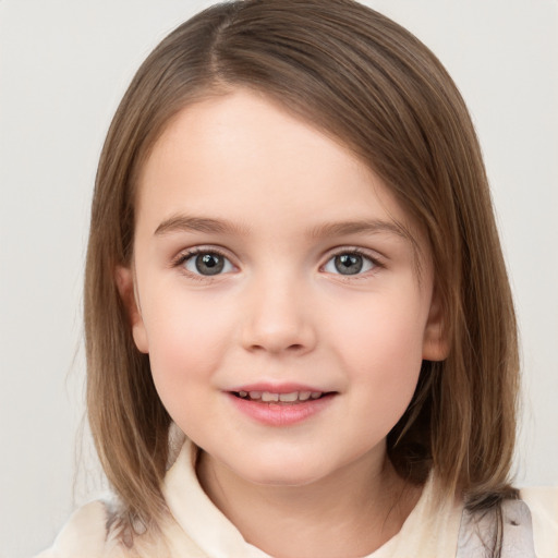 Joyful white child female with medium  brown hair and brown eyes