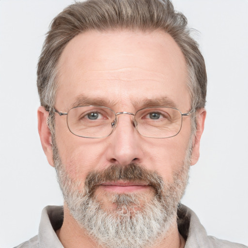 Neutral white middle-aged male with short  gray hair and grey eyes