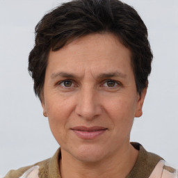 Joyful white adult female with short  brown hair and brown eyes