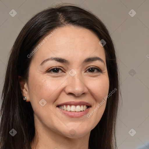 Joyful white young-adult female with long  brown hair and brown eyes