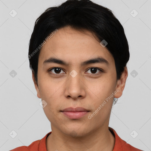 Neutral asian young-adult male with short  black hair and brown eyes