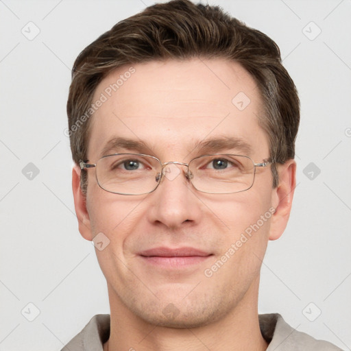 Joyful white adult male with short  brown hair and grey eyes