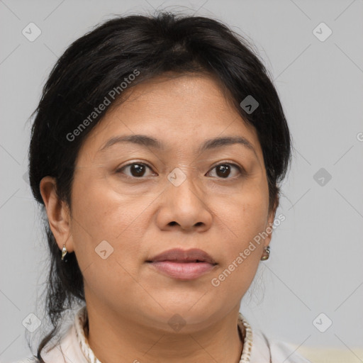 Joyful white adult female with medium  brown hair and brown eyes