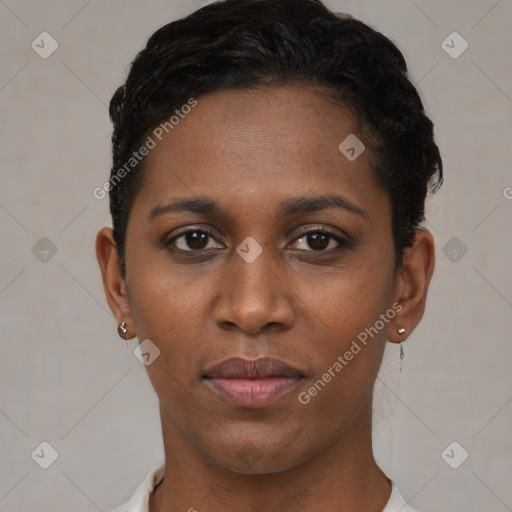 Joyful black young-adult female with short  black hair and brown eyes