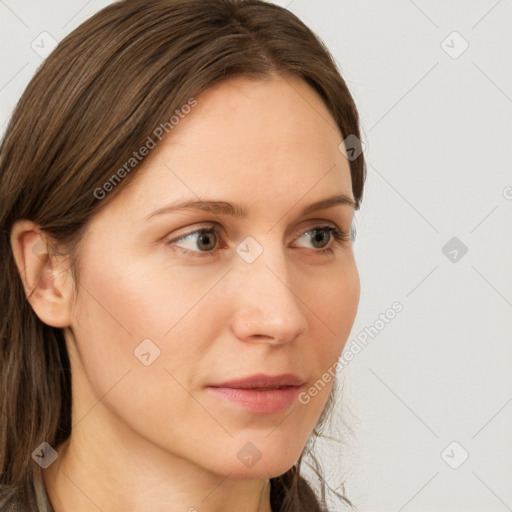 Neutral white young-adult female with long  brown hair and grey eyes