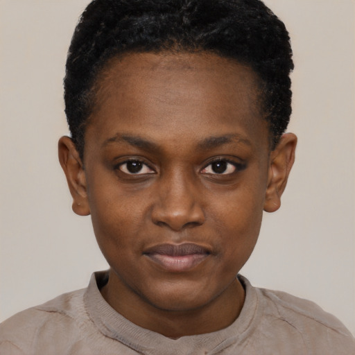 Neutral black young-adult female with short  black hair and brown eyes