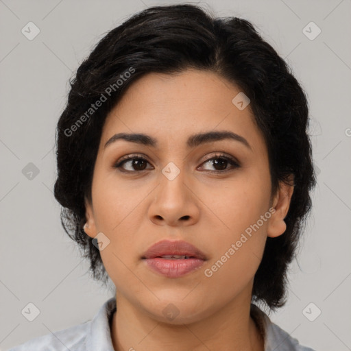 Neutral asian young-adult female with medium  black hair and brown eyes