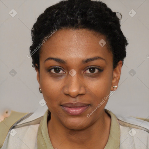 Neutral black young-adult female with short  black hair and brown eyes