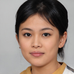 Neutral asian young-adult female with medium  brown hair and brown eyes