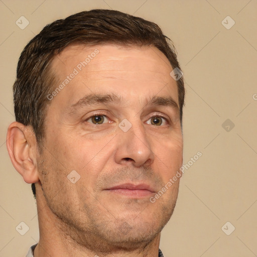 Neutral white adult male with short  brown hair and brown eyes