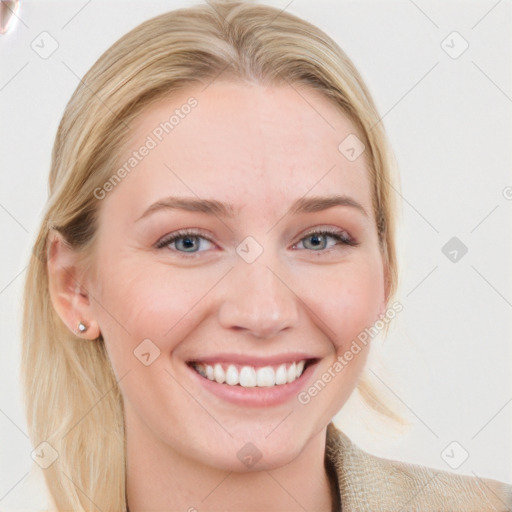 Joyful white young-adult female with medium  brown hair and blue eyes