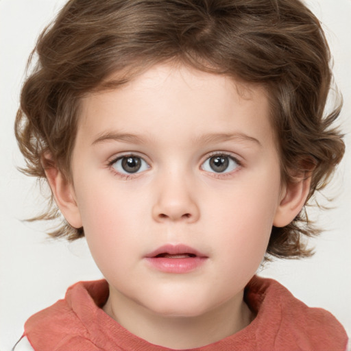 Neutral white child female with medium  brown hair and blue eyes