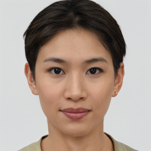 Joyful asian young-adult female with short  brown hair and brown eyes