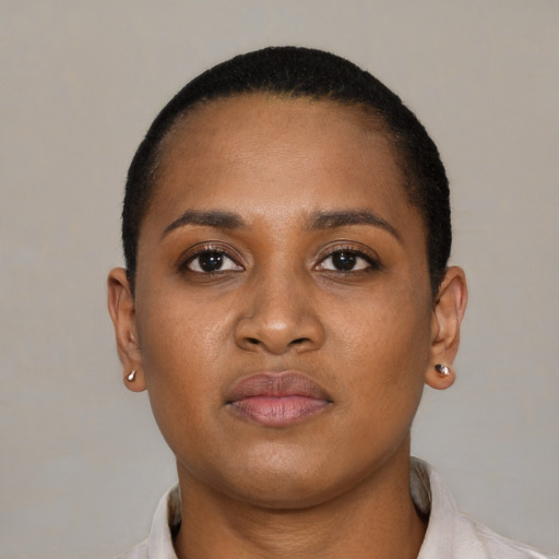 Neutral black young-adult female with short  black hair and brown eyes