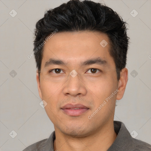 Neutral asian young-adult male with short  black hair and brown eyes