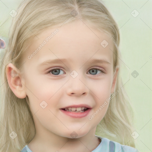 Joyful white child female with medium  blond hair and blue eyes