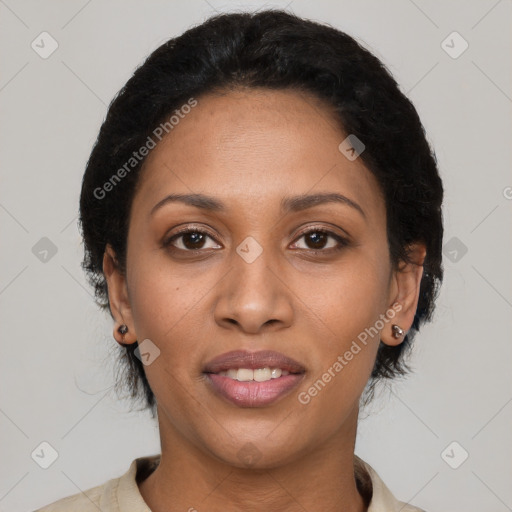 Joyful latino young-adult female with short  black hair and brown eyes