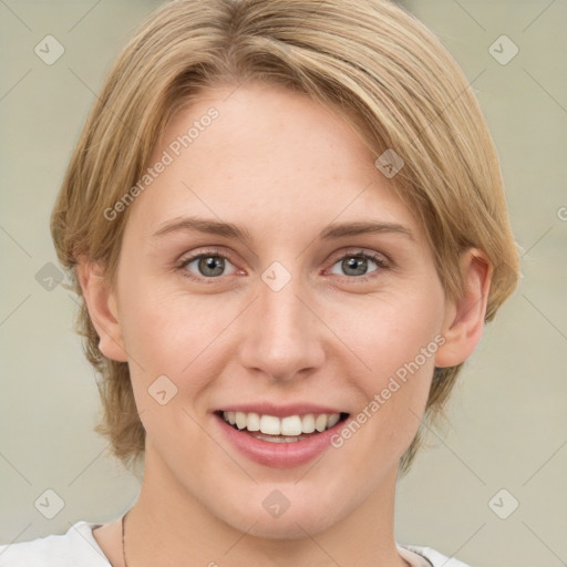 Joyful white young-adult female with medium  brown hair and green eyes