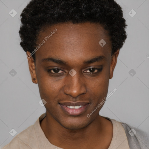 Neutral black young-adult female with short  black hair and brown eyes