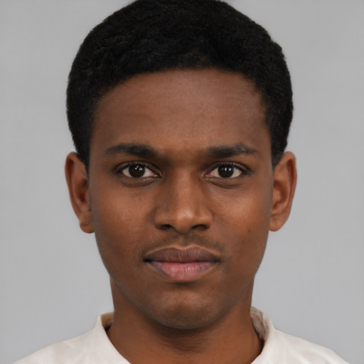 Neutral black young-adult male with short  black hair and brown eyes