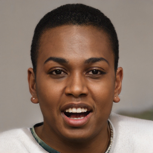 Joyful black young-adult female with short  brown hair and brown eyes