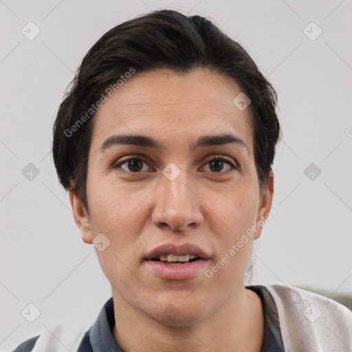 Joyful white young-adult female with short  brown hair and brown eyes