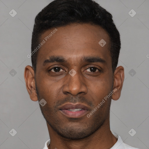Neutral latino young-adult male with short  brown hair and brown eyes