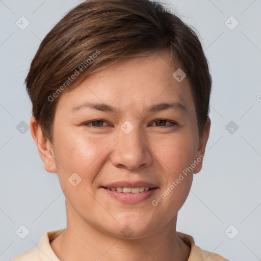 Joyful white young-adult female with short  brown hair and brown eyes