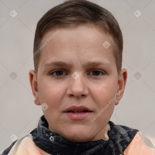 Joyful white child male with short  brown hair and brown eyes