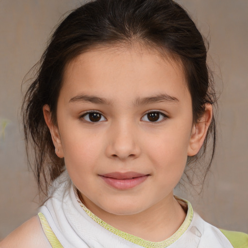 Joyful white child female with medium  brown hair and brown eyes