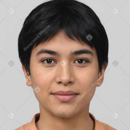 Joyful asian young-adult female with short  brown hair and brown eyes