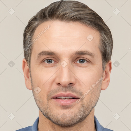 Neutral white adult male with short  brown hair and brown eyes