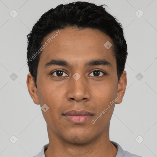 Neutral latino young-adult male with short  black hair and brown eyes