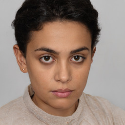 Neutral white young-adult female with short  brown hair and brown eyes