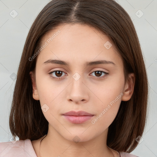 Neutral white young-adult female with medium  brown hair and brown eyes