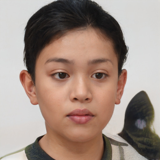 Neutral asian young-adult female with short  brown hair and brown eyes
