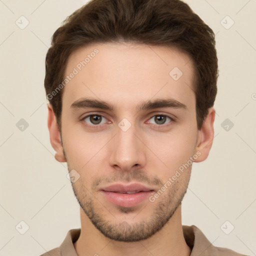 Neutral white young-adult male with short  brown hair and brown eyes