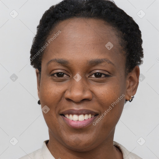 Joyful black young-adult female with short  brown hair and brown eyes