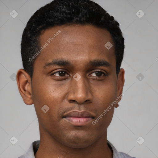 Neutral black young-adult male with short  black hair and brown eyes