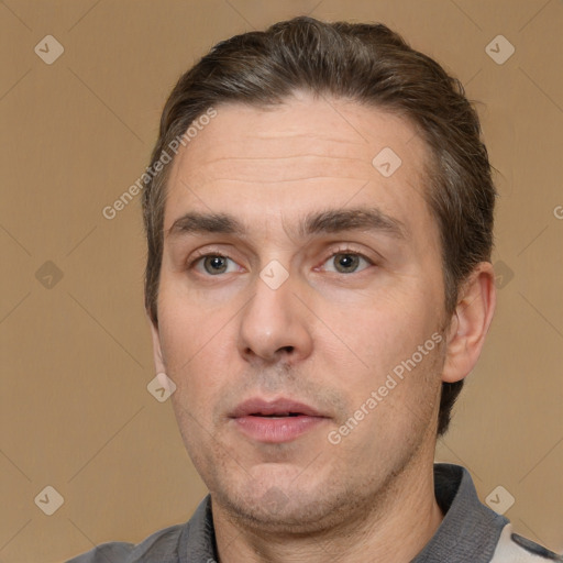 Neutral white adult male with short  brown hair and brown eyes