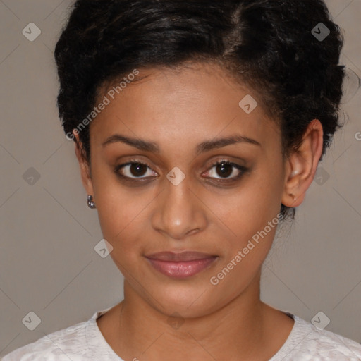 Joyful latino young-adult female with short  brown hair and brown eyes