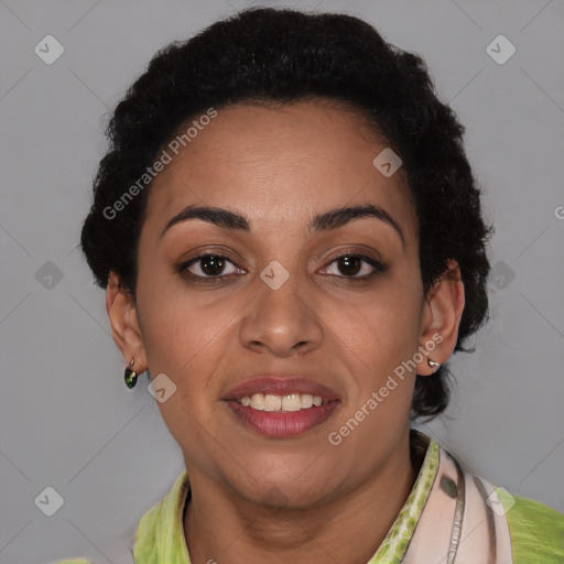 Joyful latino young-adult female with short  brown hair and brown eyes