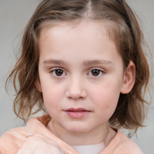 Neutral white child female with medium  brown hair and blue eyes